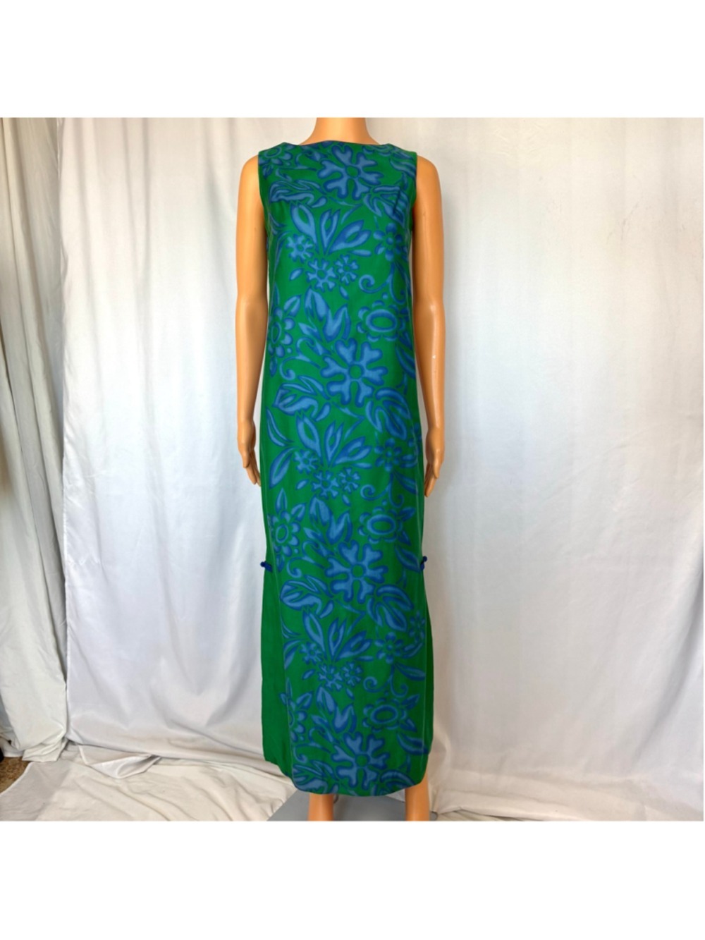 60s Vintage Hawaiian Andrade Resortwear Maxi Dress Women’s S Tiki Green Blue